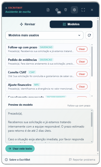 Lista de modelos com categorias, preview e botão Usar